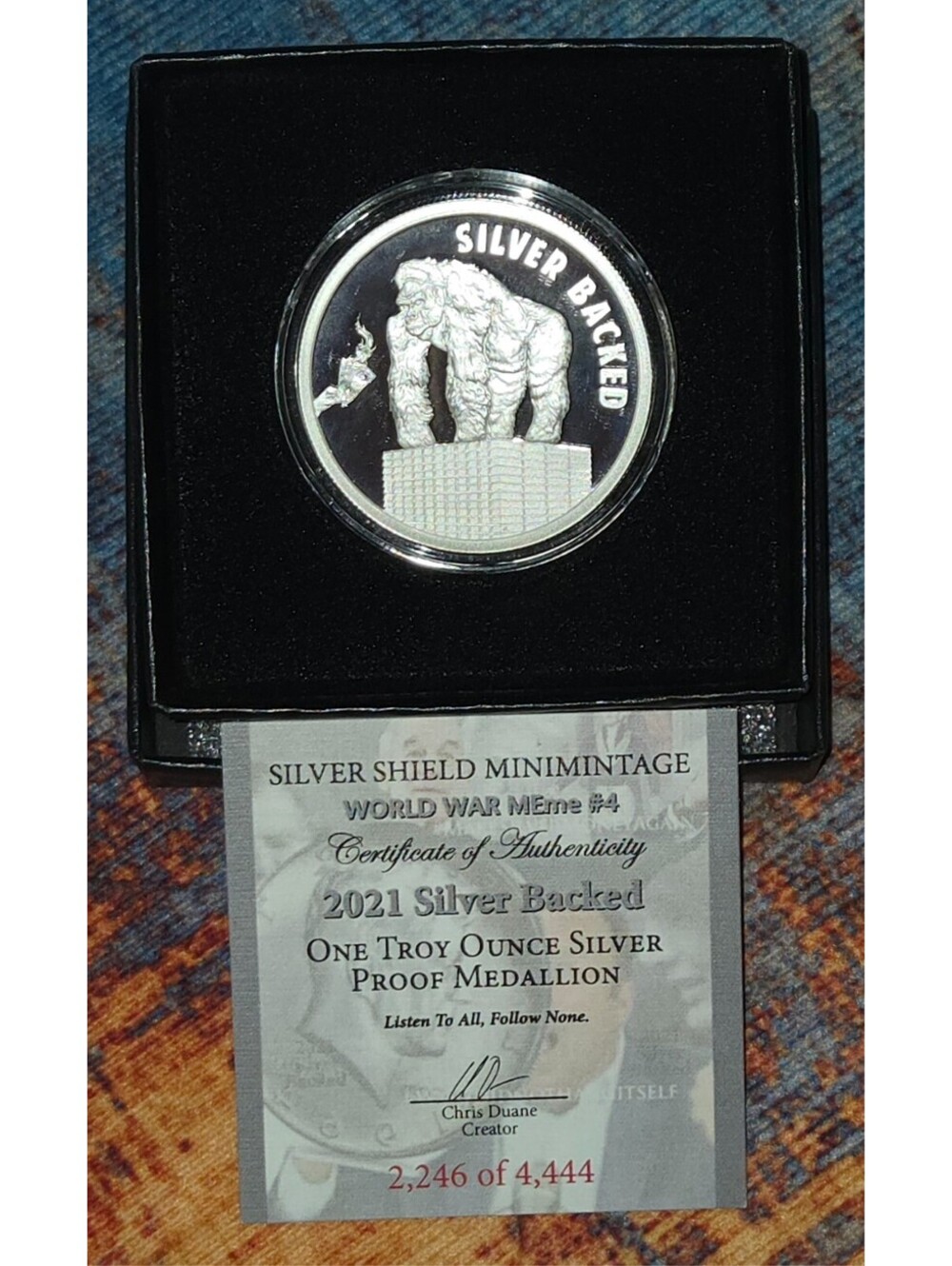 SILVER BACKED 1oz Proof 2021 Silver Shield COA #2246 /4444 World War Memes 1 NEW